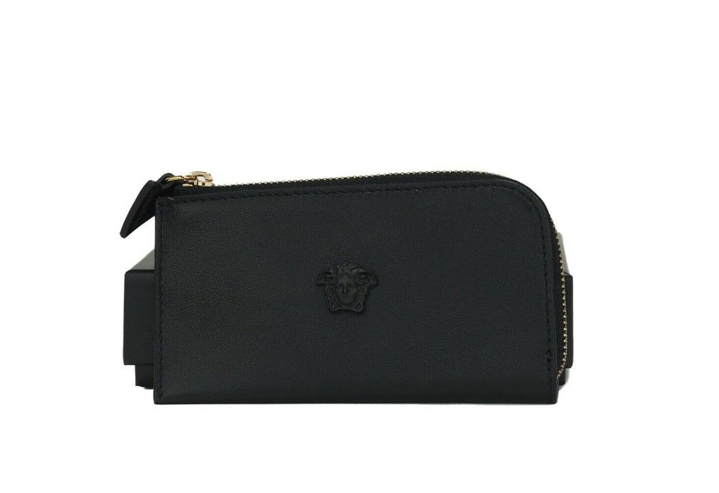 Versace Smooth Leather Matte Medusa Head Organizer Zip Card Case Wallet Black Versace