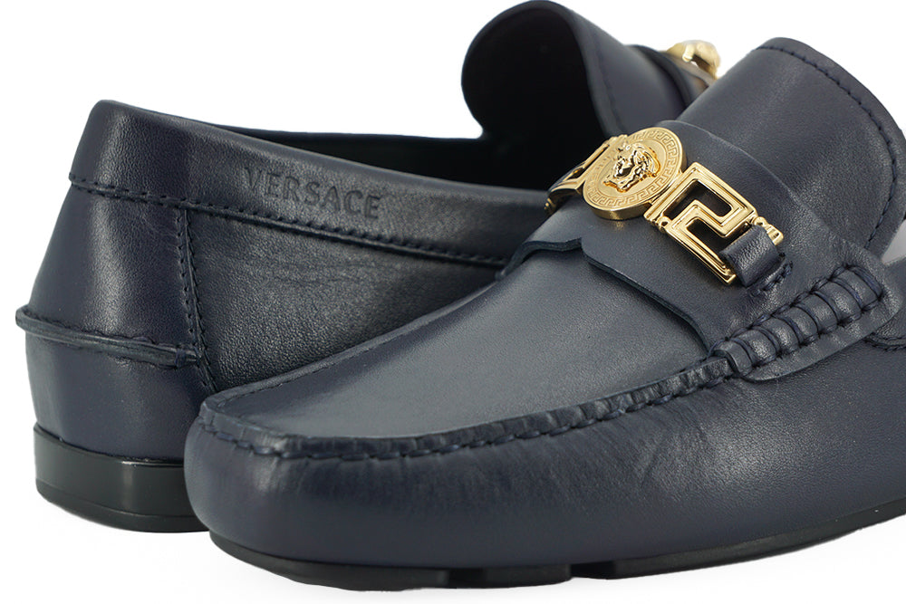 Versace Navy Blue Calf Leather Loafers Shoes Versace