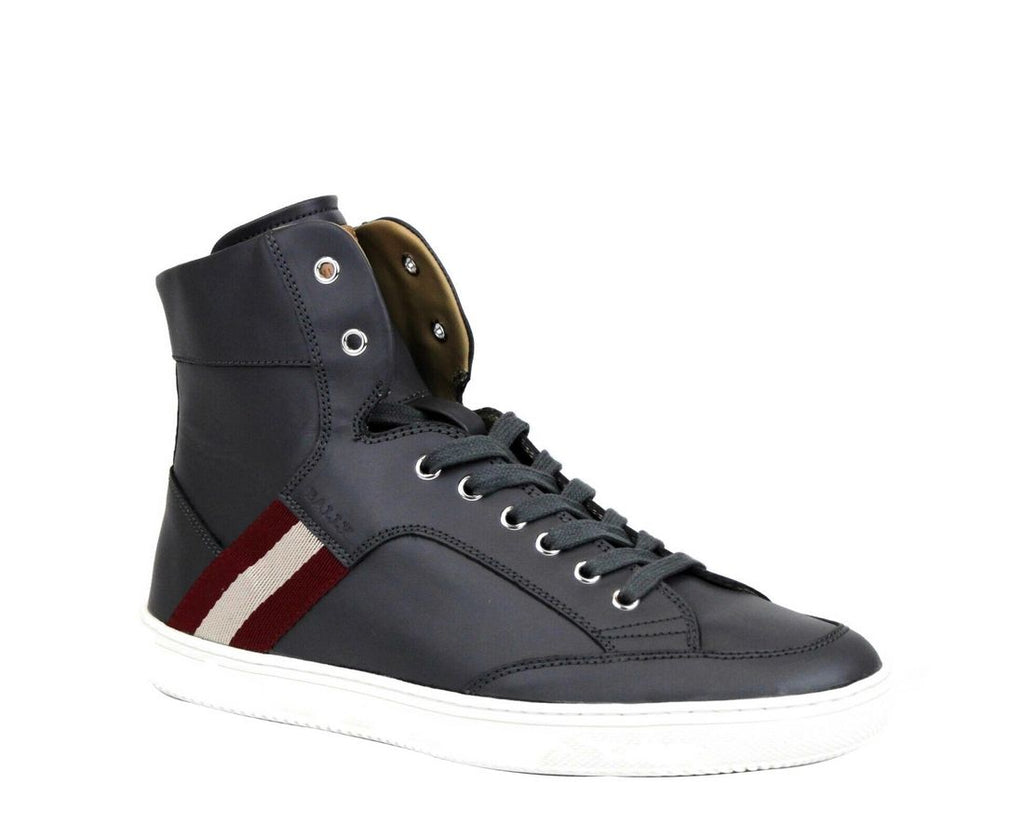 Bally Dark Grey Calf Leather Hi Top Sneaker With Red Beige Bally