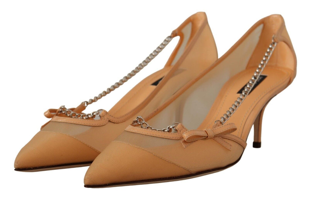 Dolce & Gabbana Peach Mesh Leather Chains Heels Pumps Shoes Dolce & Gabbana