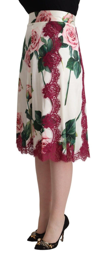 Dolce & Gabbana White Rose Print High Waist Midi A-line Skirt Dolce & Gabbana