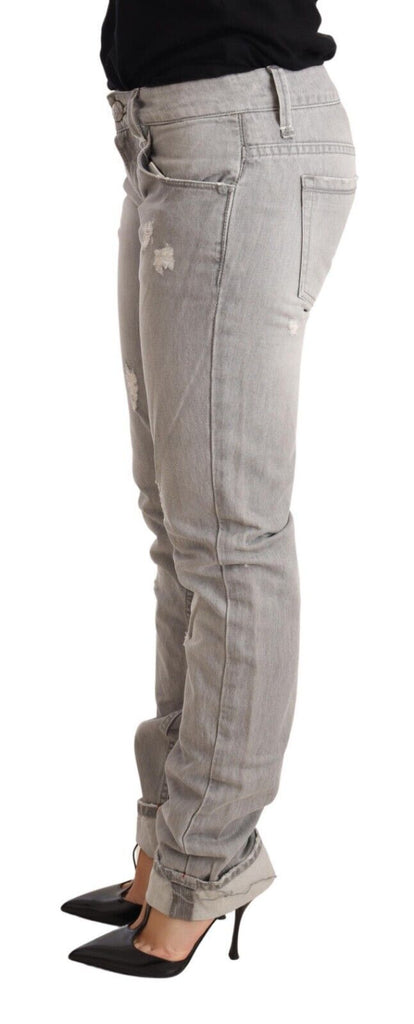 Acht Gray Tattered Cotton Slim Fit Folded Hem Women Denim Jeans Acht