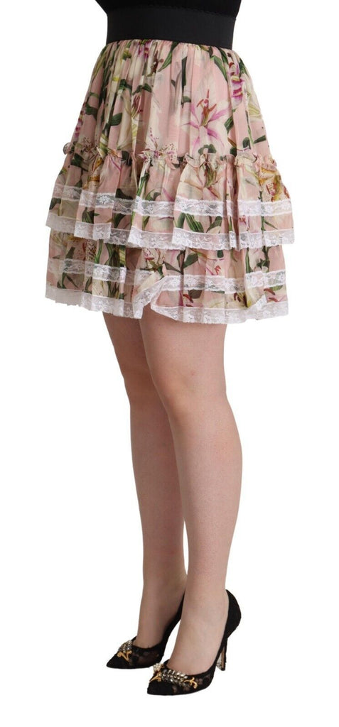 Dolce & Gabbana Pink Lily Print Silk Mini Tiered A-line Skirt Dolce & Gabbana