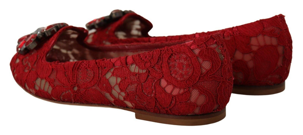 Dolce & Gabbana Red Lace Crystal Ballet Flats Loafers Shoes Dolce & Gabbana