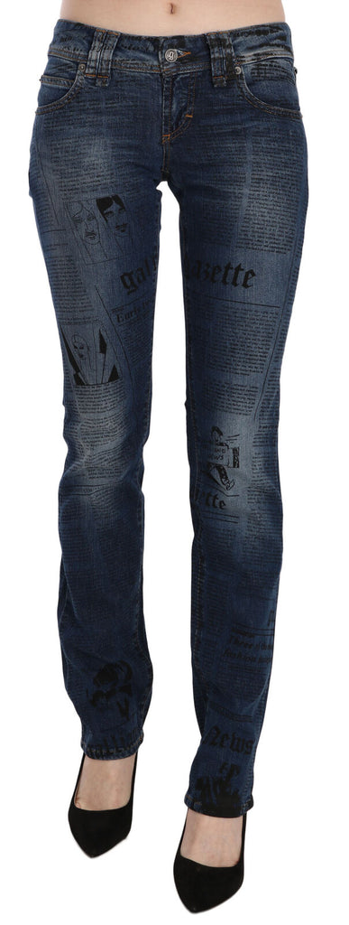 John Galliano Blue Newspaper Print Low Waist Skinny Denim Pants John Galliano