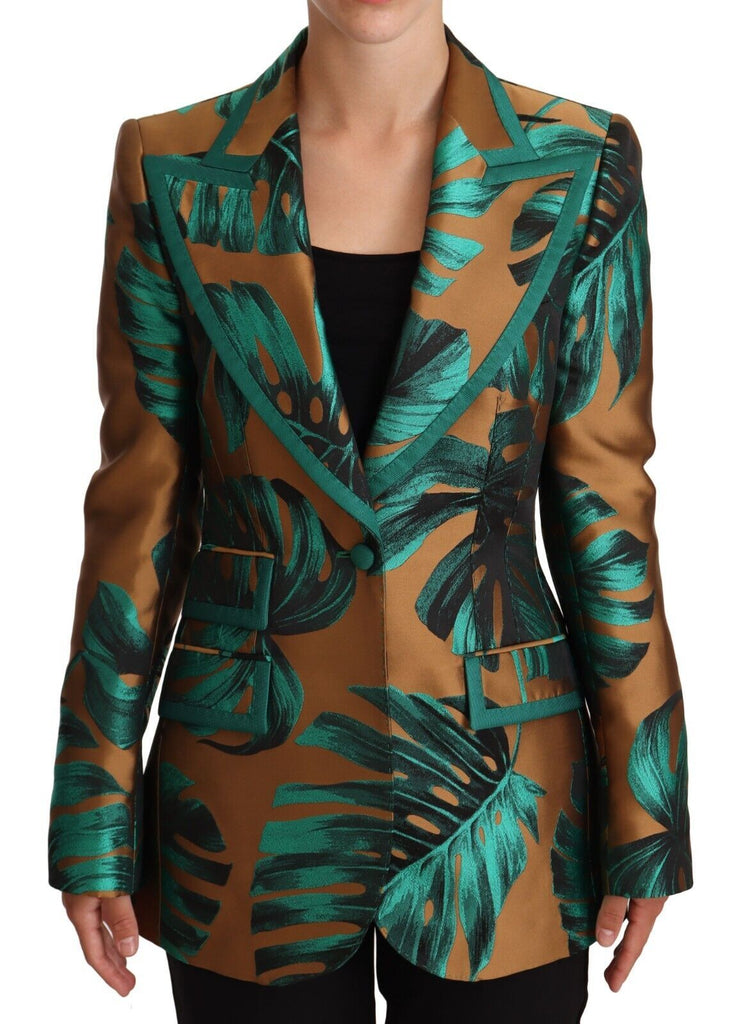Dolce & Gabbana Brown Green Leaf Jacquard Coat Jacket - Luxe & Glitz