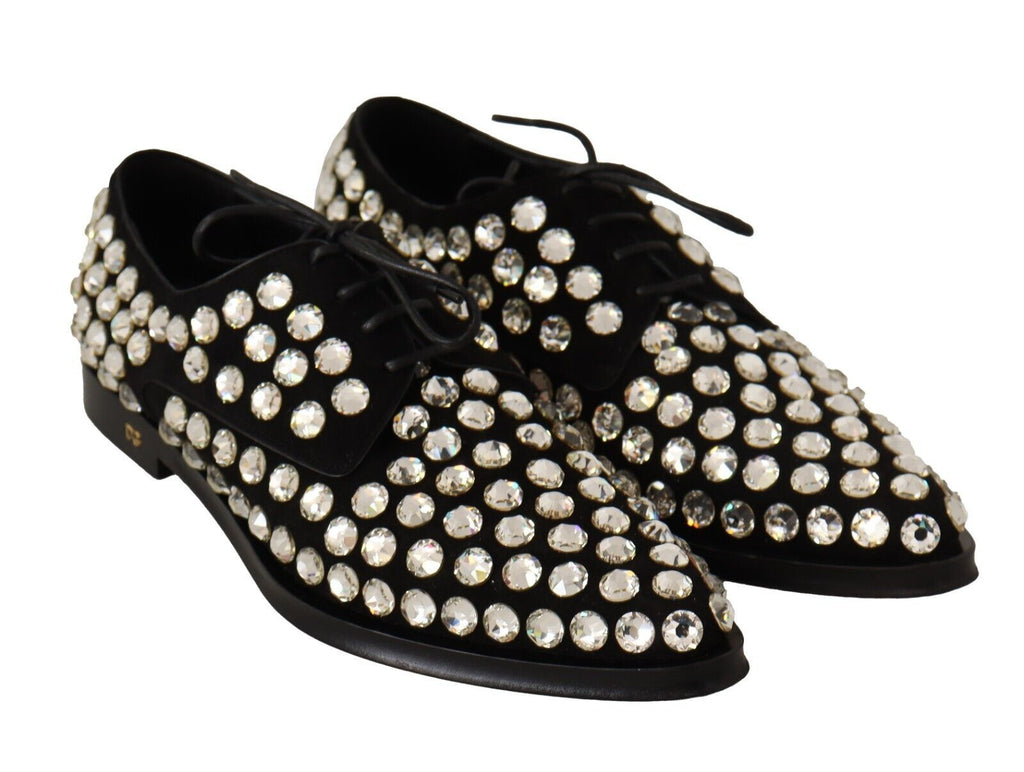 Dolce & Gabbana Black Leather Crystals Lace Up Formal Shoes Dolce & Gabbana
