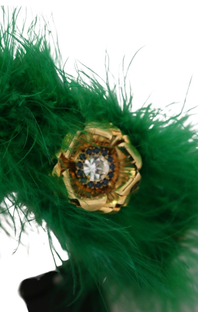 Dolce & Gabbana Green Silk Fur Crystal Flowers Tiara Headband - Luxe & Glitz