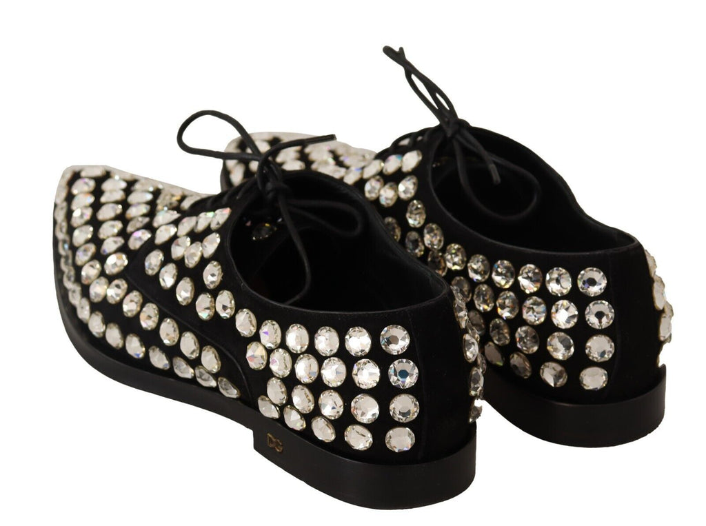 Dolce & Gabbana Black Leather Crystals Lace Up Formal Shoes Dolce & Gabbana