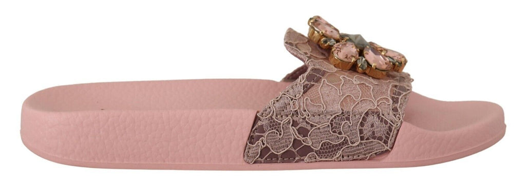 Dolce & Gabbana Pink Lace Crystal Sandals Slides Beach Shoes Dolce & Gabbana