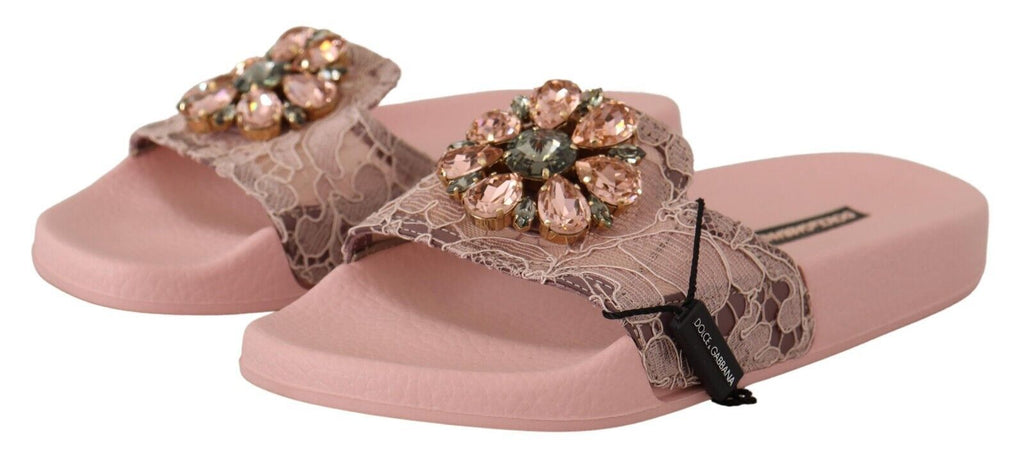 Dolce & Gabbana Pink Lace Crystal Sandals Slides Beach Shoes Dolce & Gabbana