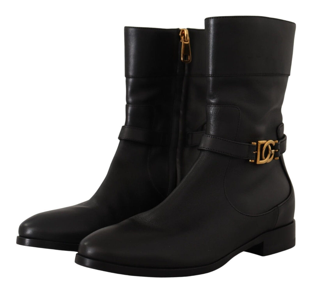 Dolce & Gabbana Black Leather Flats Logo Short Boots Shoes Dolce & Gabbana