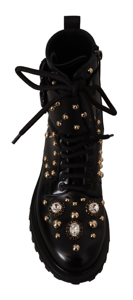 Dolce & Gabbana Black Leather Crystal Embellished Boots Shoes Dolce & Gabbana