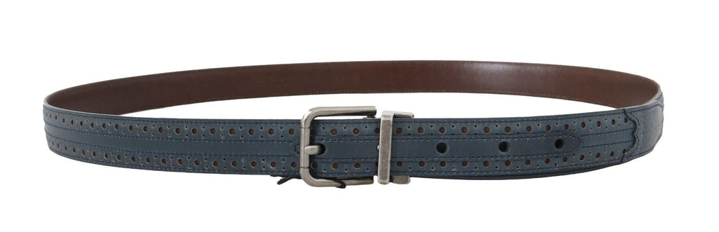 Dolce & Gabbana Blue Perforated Leather Gray Buckle Belt - Luxe & Glitz