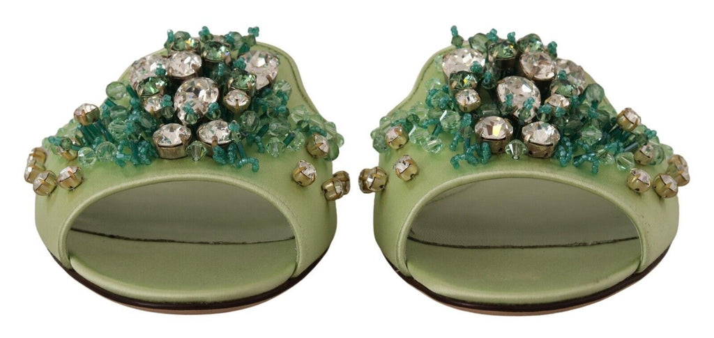 Dolce & Gabbana Green Leather Crystals Slides Women Flats Shoes Dolce & Gabbana