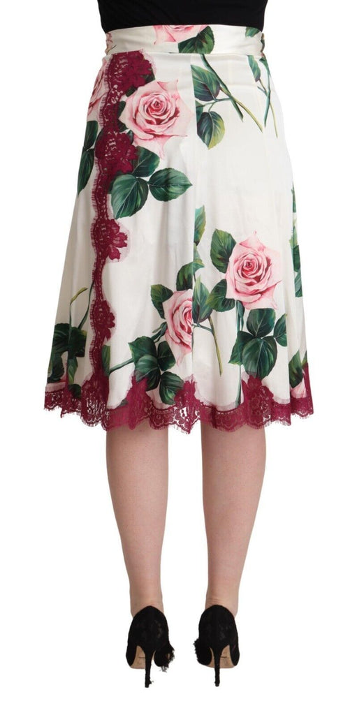 Dolce & Gabbana White Rose Print High Waist Midi A-line Skirt Dolce & Gabbana
