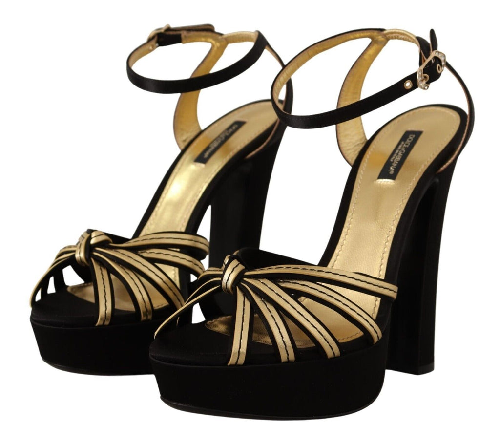 Dolce & Gabbana Black Gold Viscose Ankle Strap Heels Sandals Shoes Dolce & Gabbana