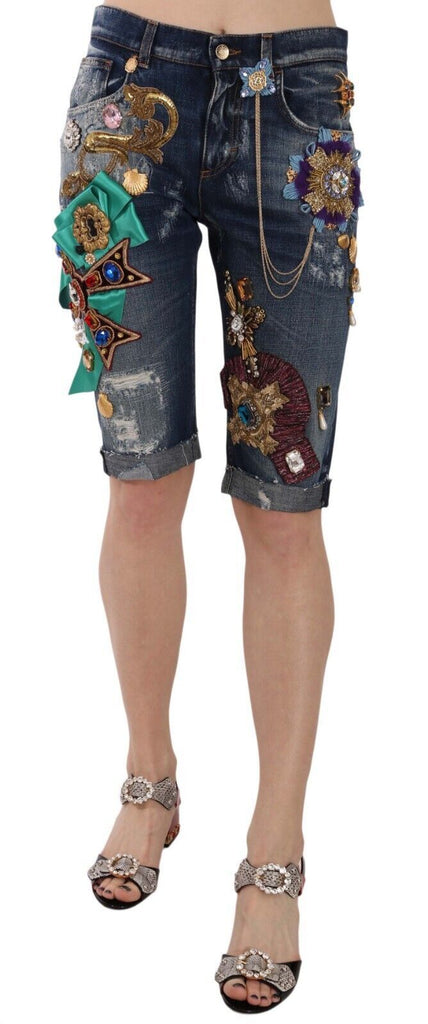 Dolce & Gabbana Blue Denim Mid Waist Crystal Capri Shorts Dolce & Gabbana