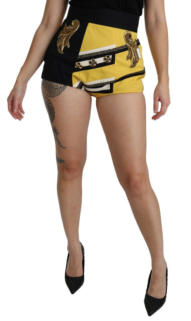 Dolce & Gabbana Yellow Black Cotton Jewelled Hot Pants Shorts Dolce & Gabbana
