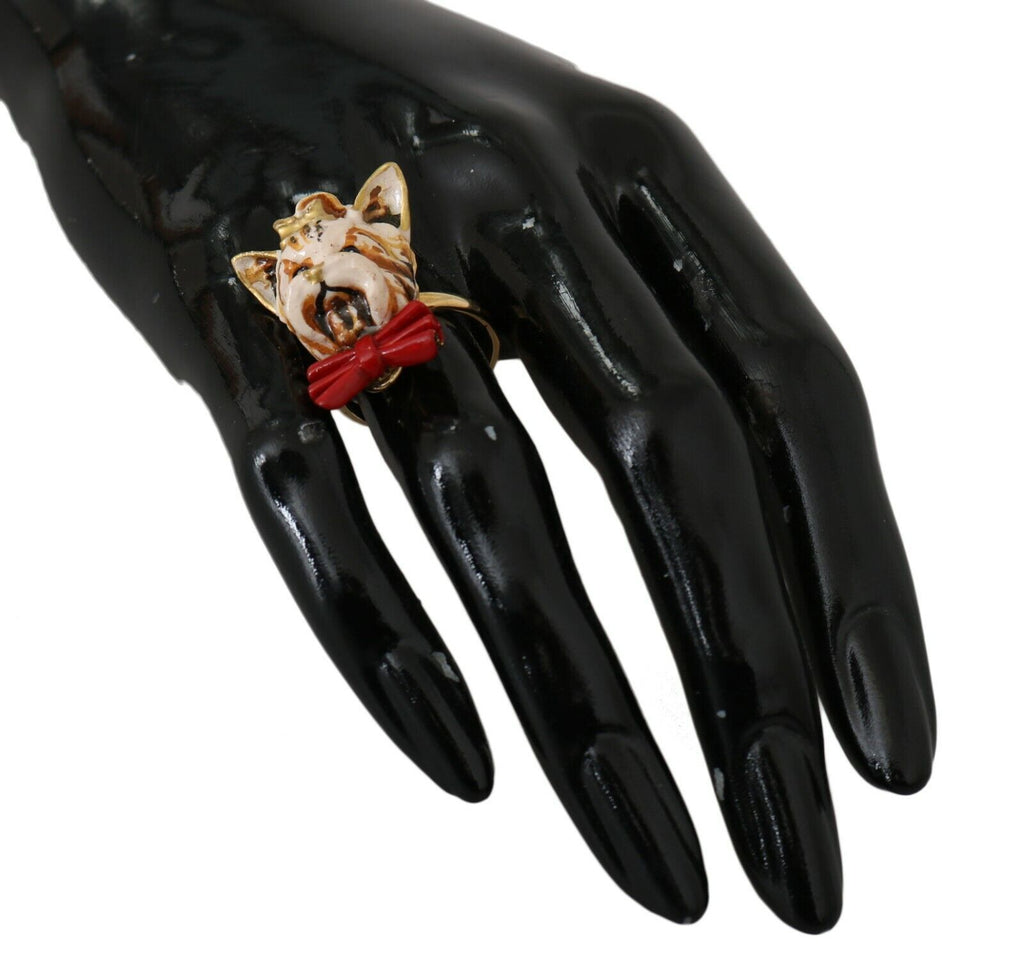 Dolce & Gabbana Beige Dog Pet Branded Accessory Gold Brass Resin Ring Dolce & Gabbana