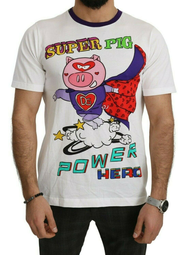 Dolce & Gabbana White Cotton Top Super Power Pig T-shirt Dolce & Gabbana