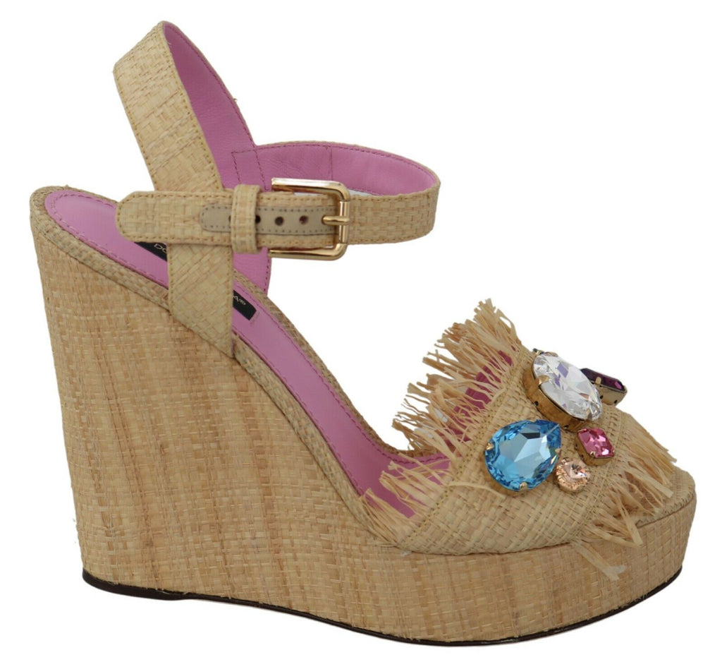 Dolce & Gabbana Beige Rhinestones Wedge Heel Sandals Shoes Dolce & Gabbana