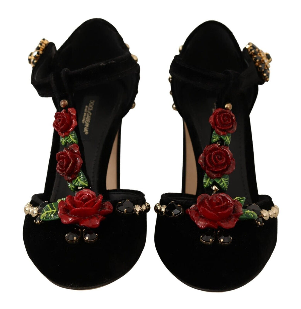 Dolce & Gabbana Black Mary Jane Pumps Roses Crystals Shoes Dolce & Gabbana