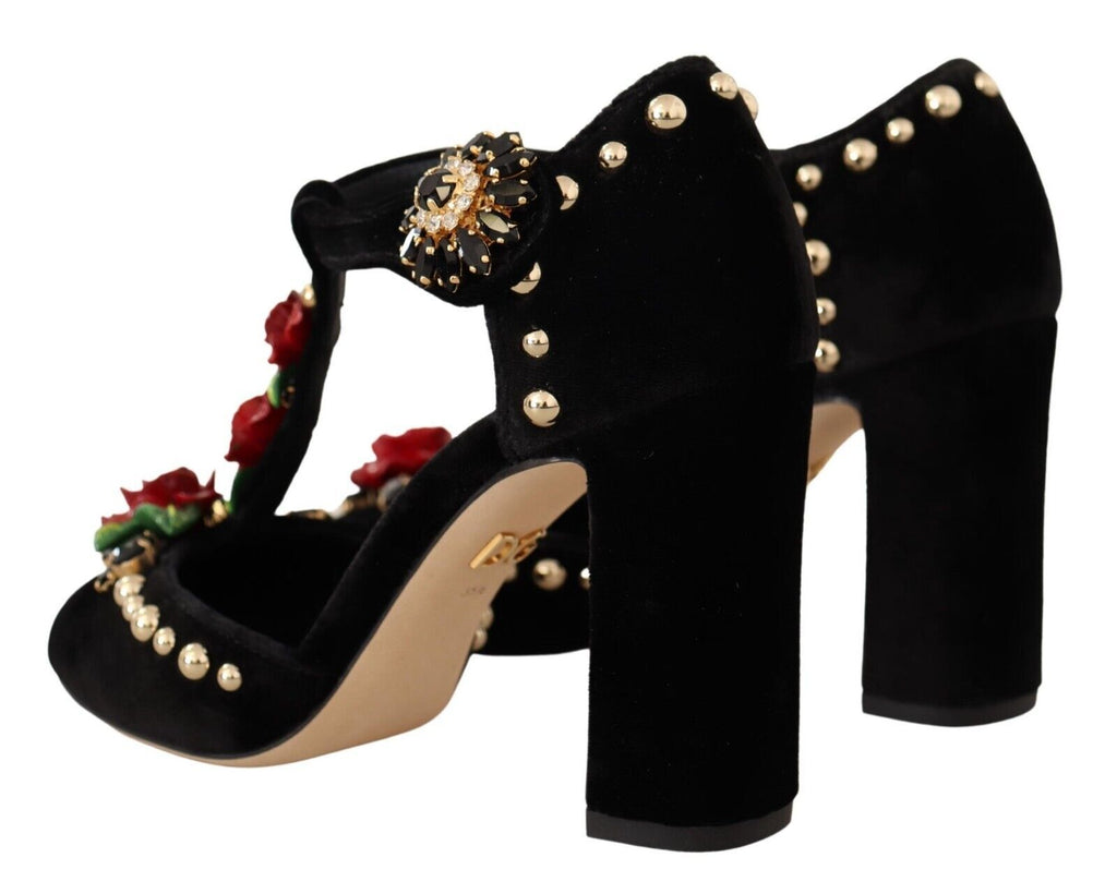 Dolce & Gabbana Black Mary Jane Pumps Roses Crystals Shoes Dolce & Gabbana