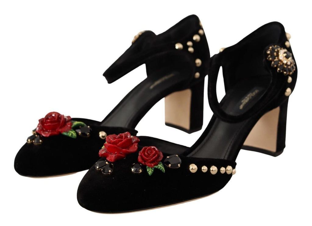 Dolce & Gabbana Black Velvet Roses Ankle Strap Pumps Shoes Dolce & Gabbana