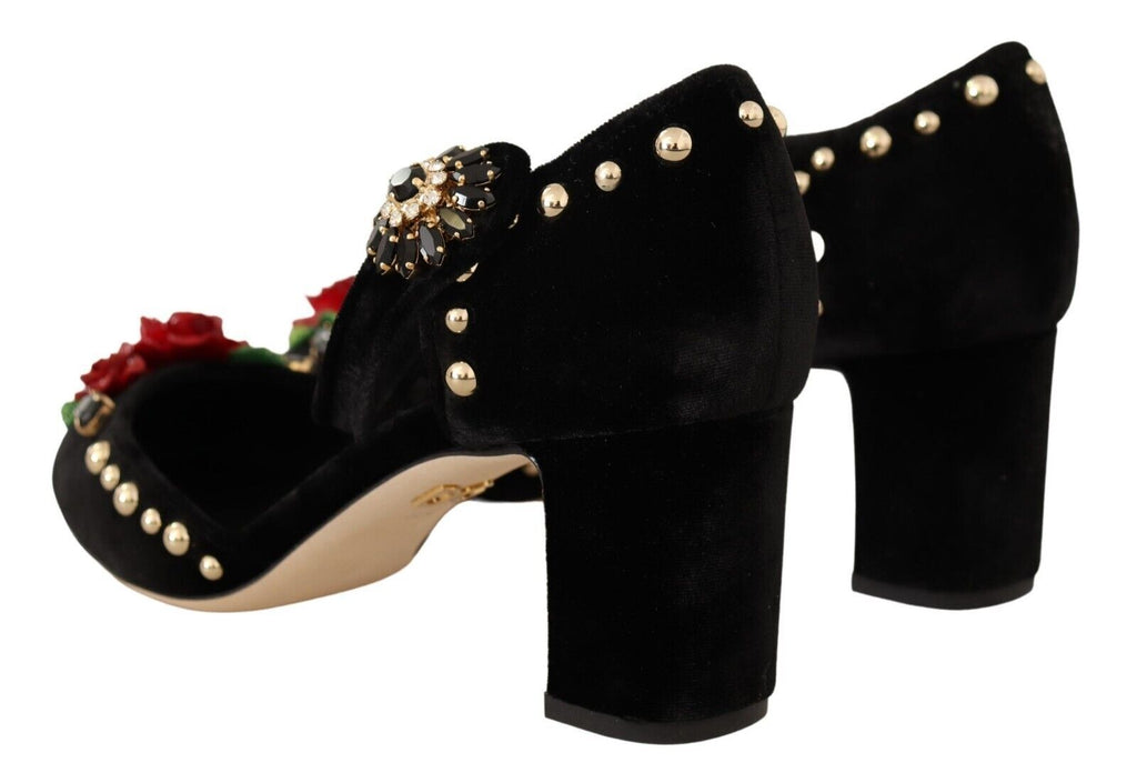 Dolce & Gabbana Black Velvet Roses Ankle Strap Pumps Shoes Dolce & Gabbana