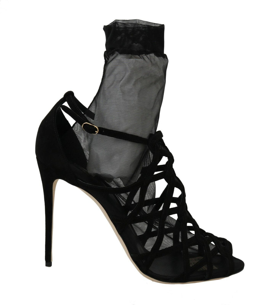 Dolce & Gabbana Black Suede Tulle Ankle Boots Sandal Shoes Dolce & Gabbana