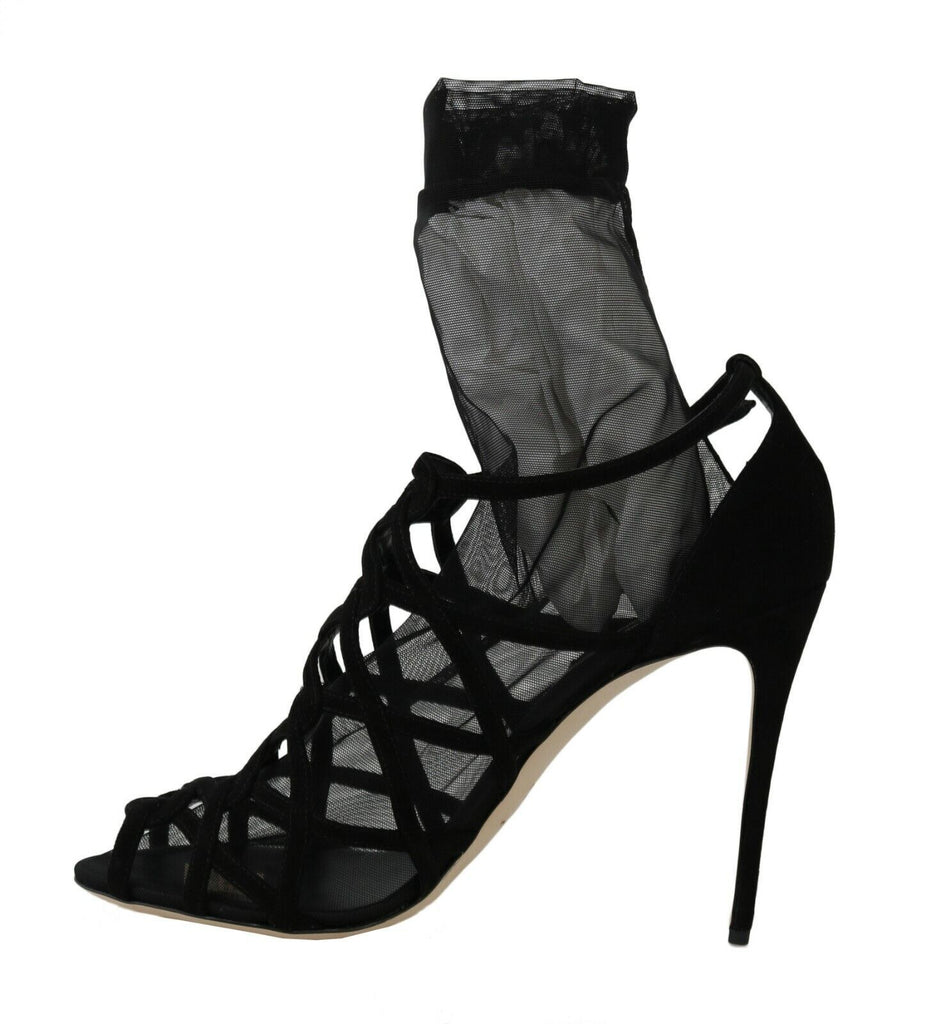 Dolce & Gabbana Black Suede Tulle Ankle Boots Sandal Shoes Dolce & Gabbana