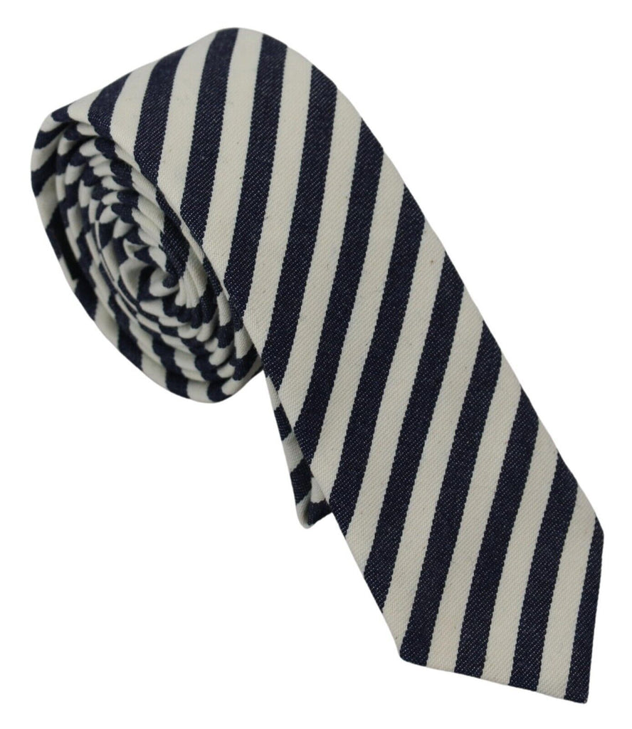 Denny Rose White Blue Striped Classic Adjustable Men Silk Tie - Luxe & Glitz