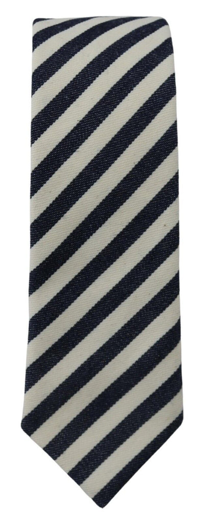 Denny Rose White Blue Striped Classic Adjustable Men Silk Tie - Luxe & Glitz