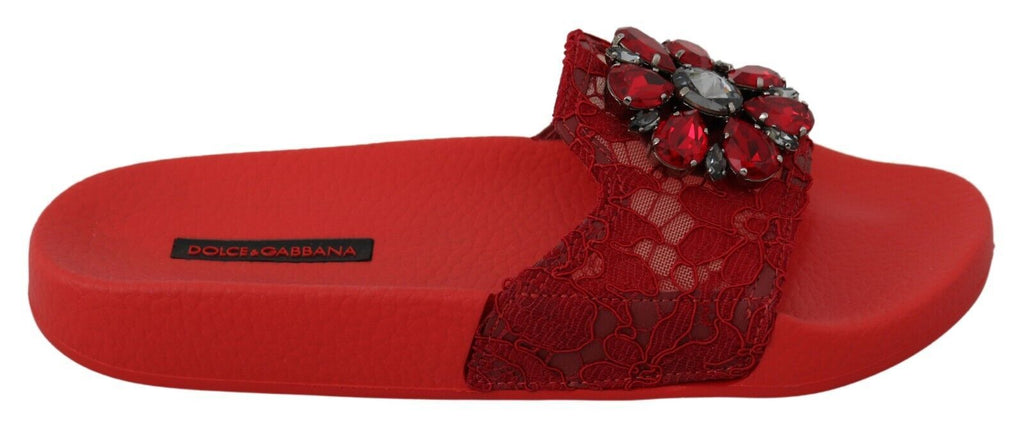 Dolce & Gabbana Red Lace Crystal Sandals Slides Beach Shoes Dolce & Gabbana