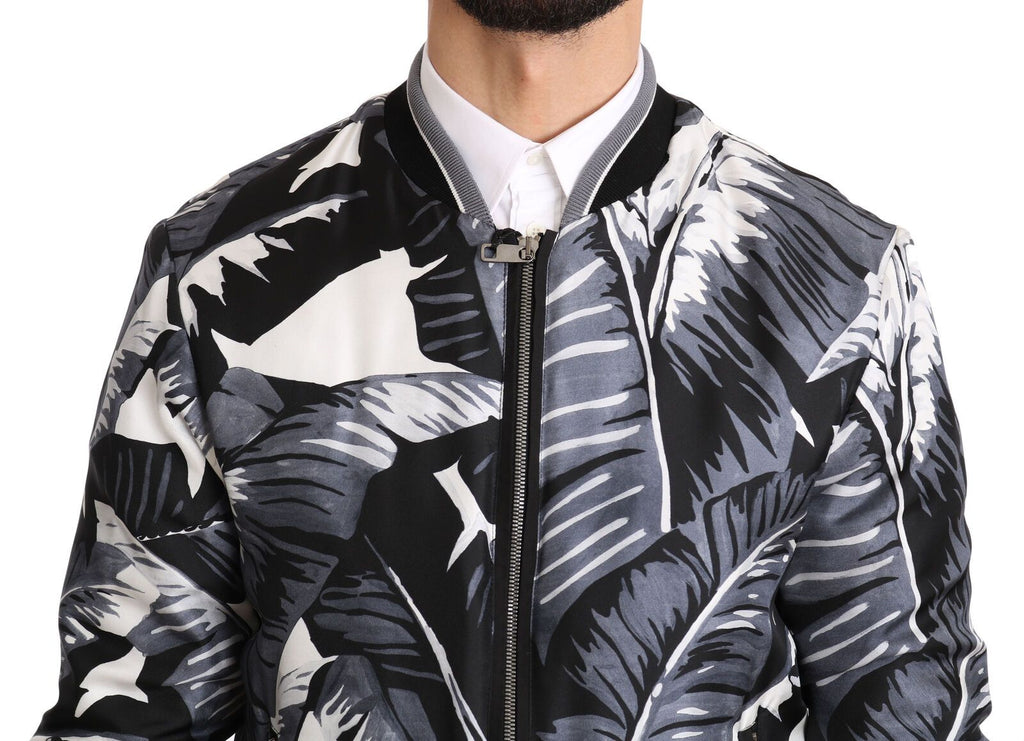 Dolce & Gabbana Black Silk Banana Leaf Print Bomber Jacket - Luxe & Glitz