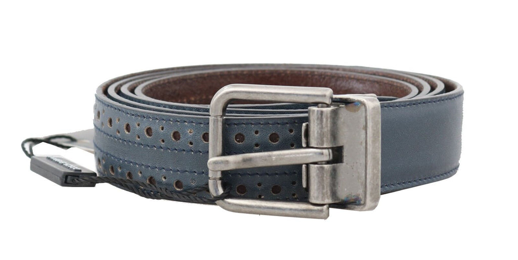 Dolce & Gabbana Blue Perforated Leather Gray Buckle Belt - Luxe & Glitz