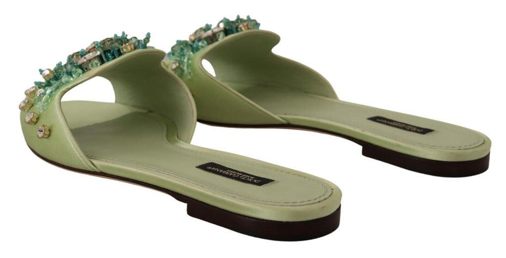 Dolce & Gabbana Green Leather Crystals Slides Women Flats Shoes Dolce & Gabbana