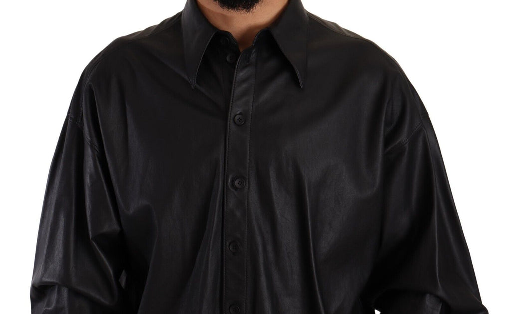 Dolce & Gabbana Black Leather Button Down Men Collared Jacket Dolce & Gabbana