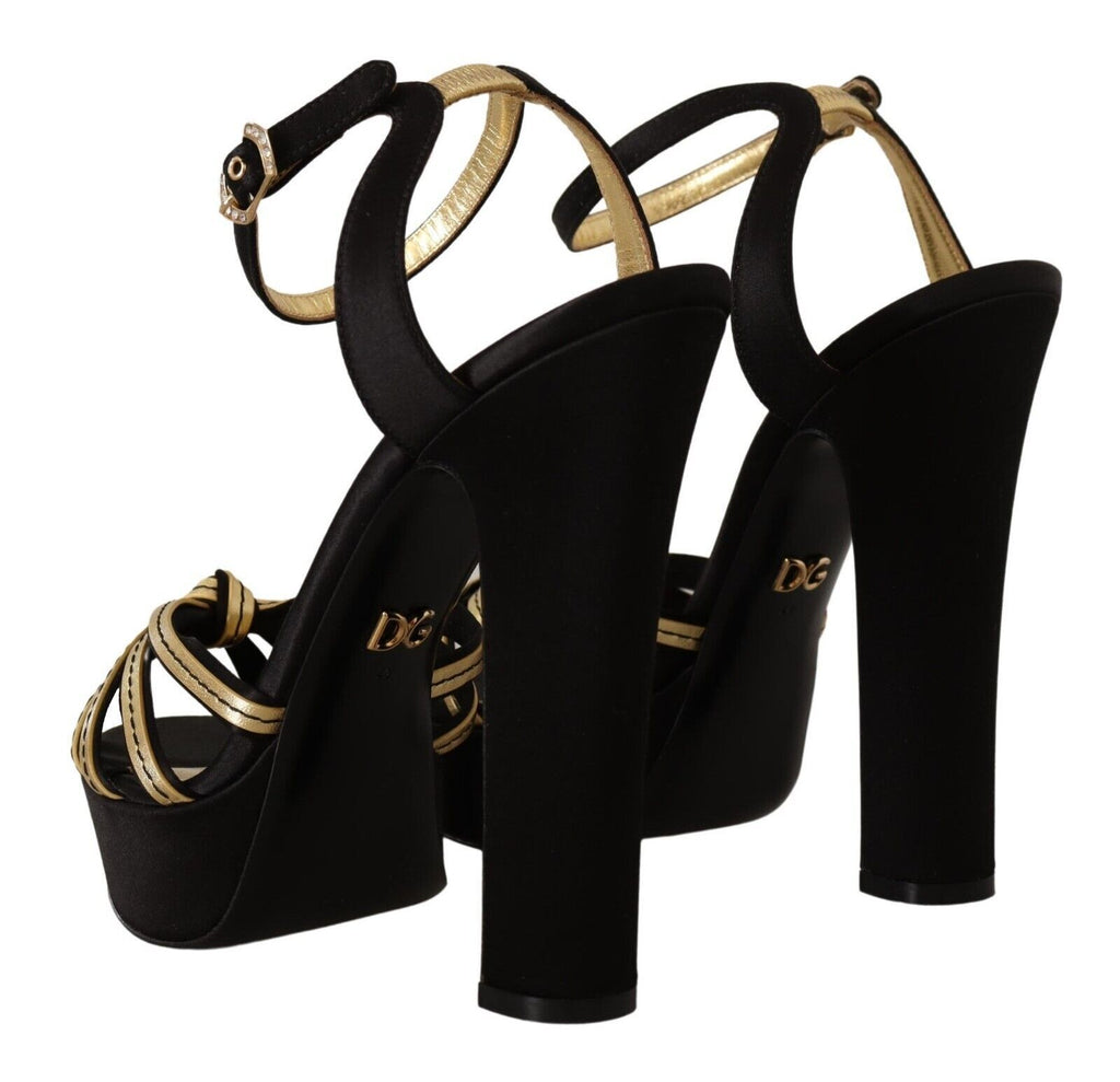 Dolce & Gabbana Black Gold Viscose Ankle Strap Heels Sandals Shoes Dolce & Gabbana