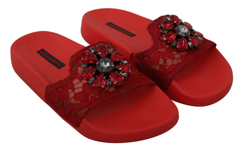 Dolce & Gabbana Red Lace Crystal Sandals Slides Beach Shoes Dolce & Gabbana