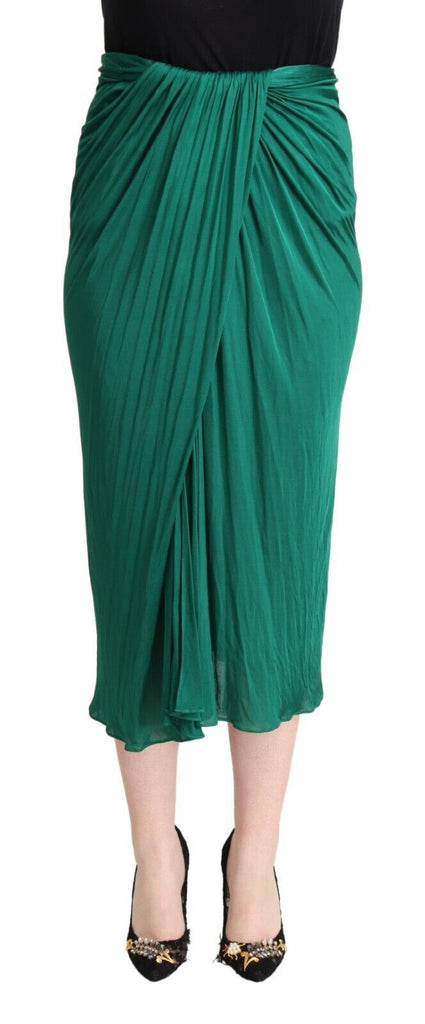 Dolce & Gabbana Dark Green High Waist Midi Pencil Cut Pleated Skirt Dolce & Gabbana
