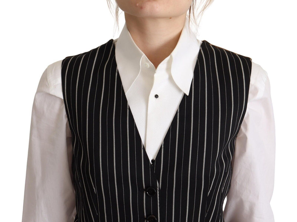 Dolce & Gabbana Black Stripes Wool V-neck Sleeveless Button Vest Top Dolce & Gabbana