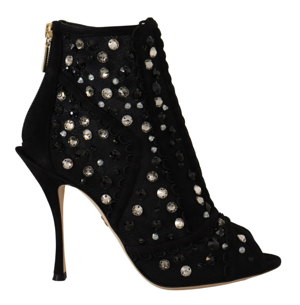 Dolce & Gabbana Black Crystals Heels Zipper Short Boots Shoes Dolce & Gabbana