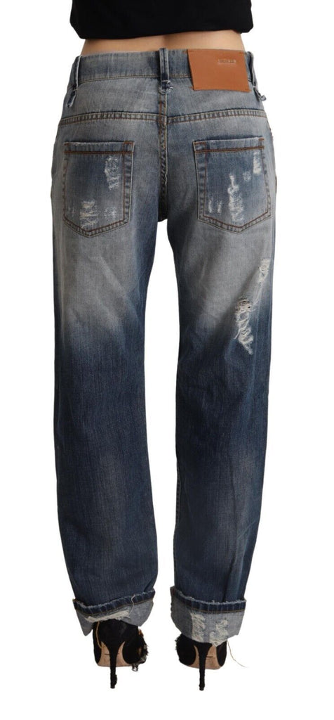 Acht Blue Tattered Mid Waist Straight Denim Cotton Jeans Acht