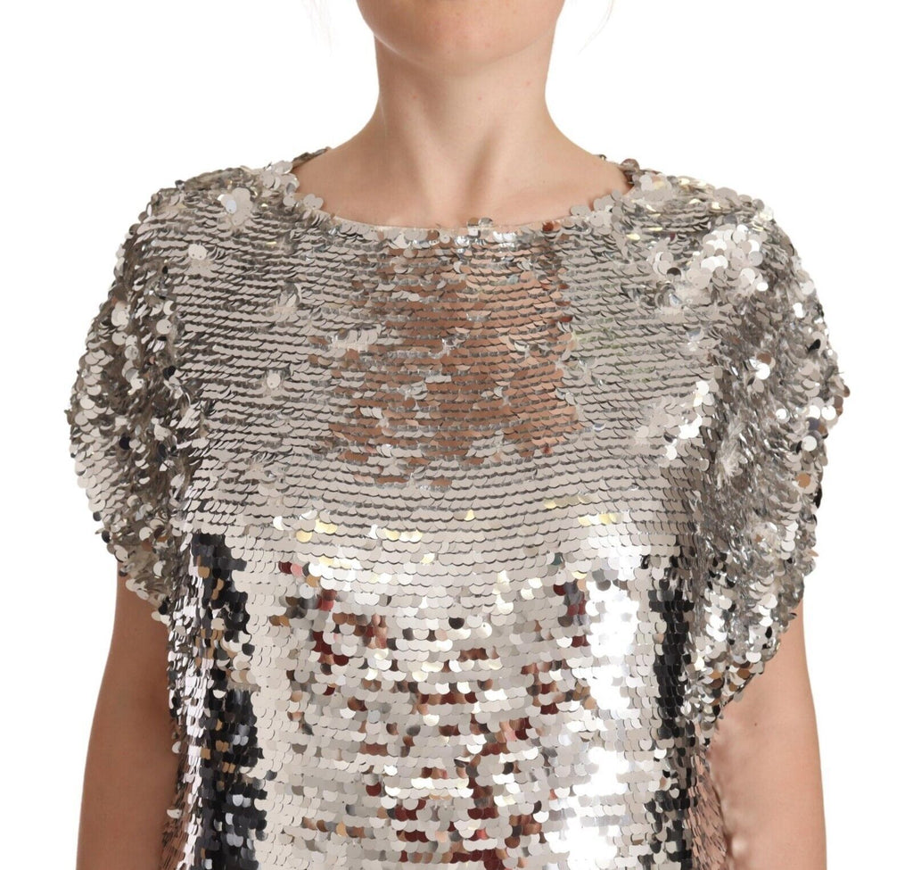 MSGM Silver Sequined Polyester Short Sleeves Shift Mini Dress MSGM