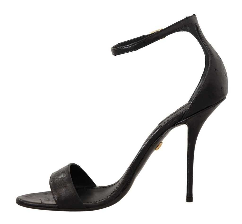 Dolce & Gabbana Black Ostrich Ankle Strap Heels Sandals Shoes Dolce & Gabbana
