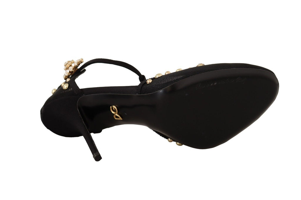 Dolce & Gabbana Black Mesh Crystals T-strap Heels Pumps Shoes Dolce & Gabbana
