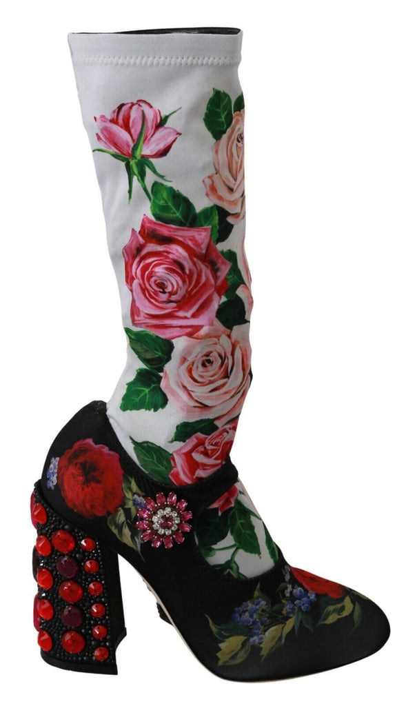 Dolce & Gabbana Black Floral Socks Crystal Jersey Boots Shoes Dolce & Gabbana