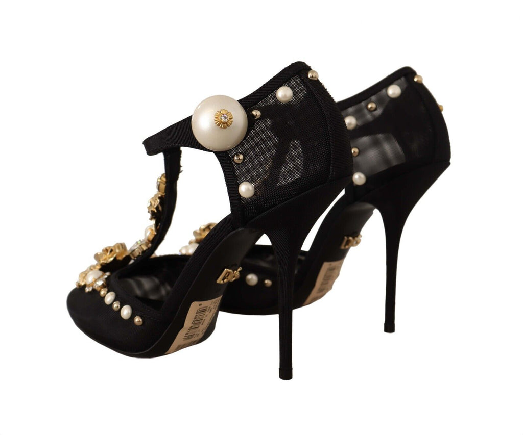 Dolce & Gabbana Black Faux Pearl Crystal Vally Heels Sandals Shoes Dolce & Gabbana